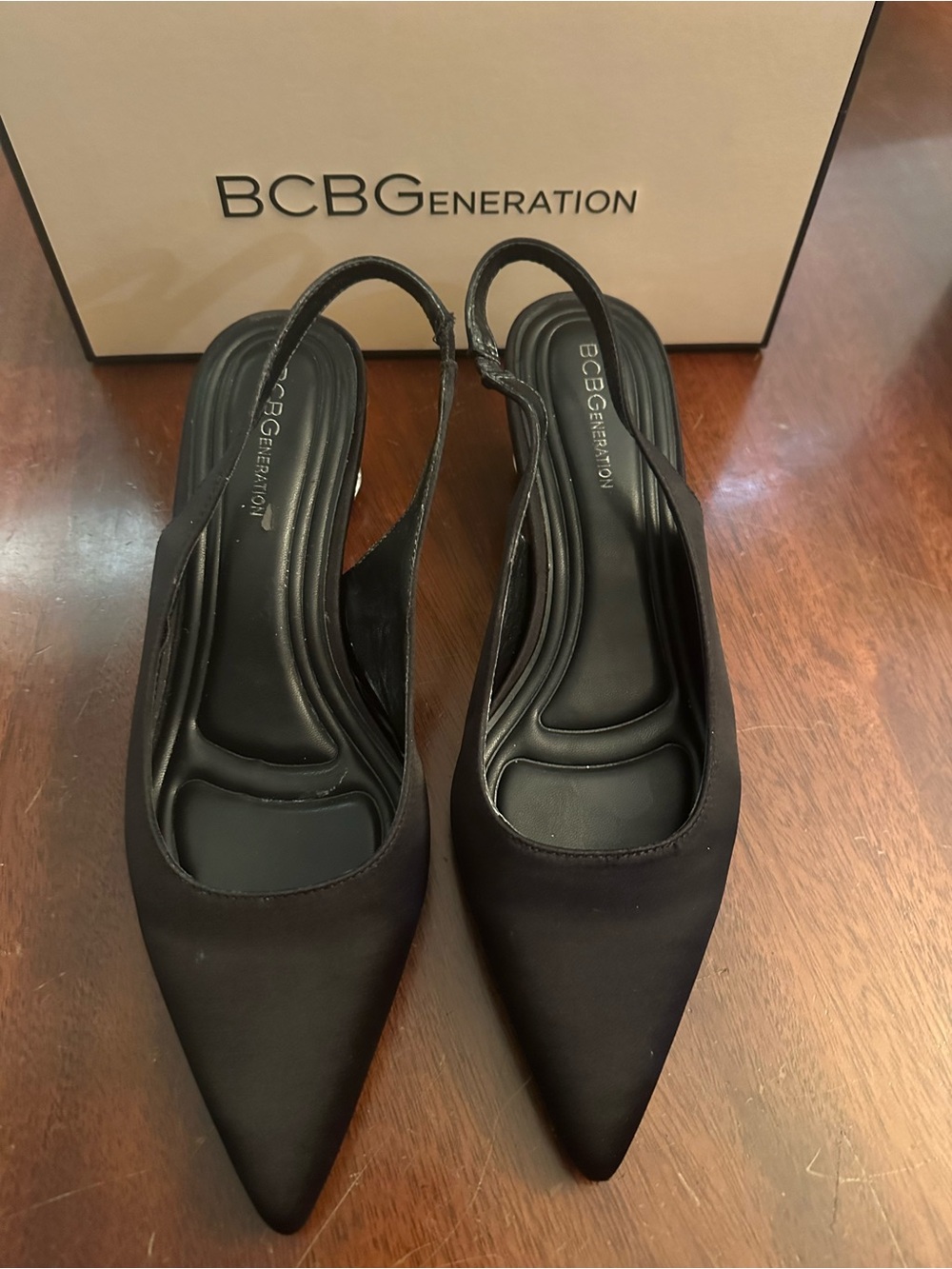 BCBGeneration Black Pointed Slingback Jewel Heel Fabric Shoes
